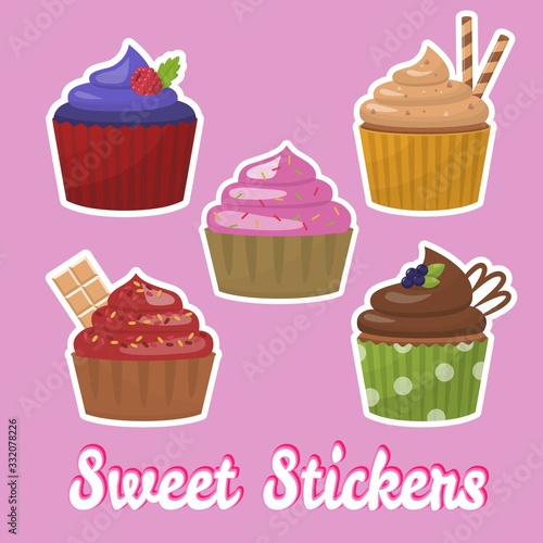 Sweet Stickers with Different Taste Cupcakes Set. Flat Cartoon Design. Isolated Icons. Vector Desserts Illustration. Trendy Badges with Bakery Delicious Products. Label Logo Signs. Chic Patches