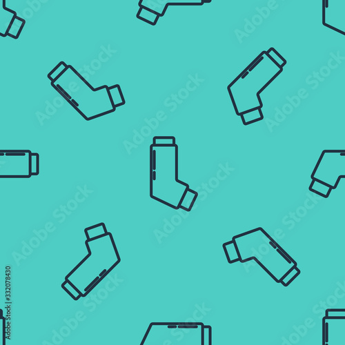 Black line Inhaler icon isolated seamless pattern on green background. Breather for cough relief, inhalation, allergic patient. Medical allergy asthma inhaler spray.  Vector Illustration
