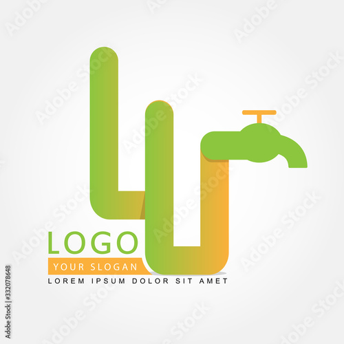 Plumbing service logo in blue, plumbing symbol on white with text. Vector illustration.