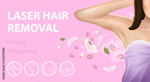 Armpit Epilation Laser Hair Removal, Precise Permanent Horizontal Banner. Woman Holding Arm Up and Showing Clean Underarms with Feathers and Petals on Pink Background. 3D Vector Realistic Illustration