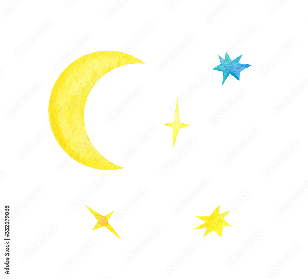 Seth month and stars. The moon on a white background. Children's watercolor illustration. Cosmic bodies and planets. Seth month and stars. The moon on a white background. Children's watercolor illustration. Cosmic bodies and planets.