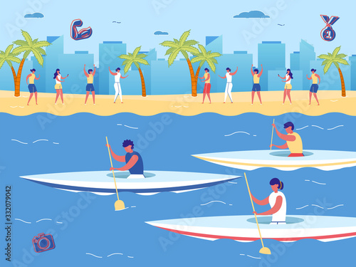 Kayak Sprint Game Race Competition. Cartoon People Paddling Canoe with Oar, Fan Watch Event on Shore Vector Illustration. Water Sport Boat. Summer Activity Outdoor. Healthy Training