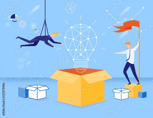 Searching for Best Creative Idea Process Metaphor. Man Holding Flag and Guy Hanging on Spy Ropes. Flat Schematic Light Bulb Coming Out Cartoon Cardboard Box. Successful Solution. Vector Illustration