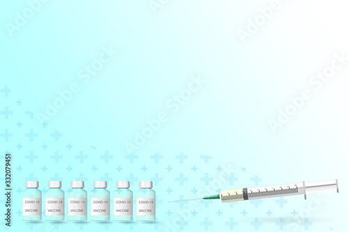 Covid-19 vaccine 6 doses with label on tube with syringe 3D vector illustration