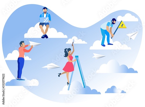 People Sitting and Standing on Clouds in Sky Using Laptop and Typing Messages to Friends Flat Cartoon Vector Illustration. Working, Social Networking and Chatting Using Cloud Storage. Girl on Ladder.