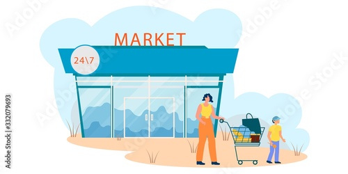 Mother and Son Leaving Noctidial Supermarket after Shopping, Woman Pushing Trolley with Products and Goods, Little Boy Holding Lollipop. Family Purchasing on Weekend. Cartoon Flat Vector Illustration