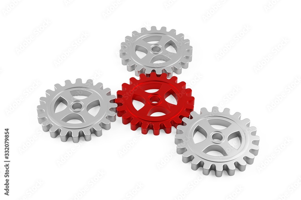 Three metal cogwheel gears attached to a central red wheel over white background, teamwork, connection or communiaction abstract concept Three metal cogwheel gears attached to a central red wheel over white background, teamwork, connection or communiaction abstract concept