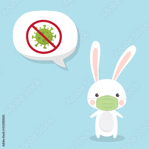 Cute Rabbit character wearing medical mask on sky blue background. Coronavirus (COVID-19) Vector Illustration.