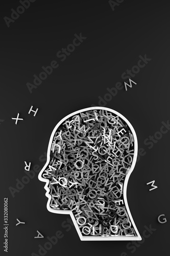 Fototapeta Naklejka Na Ścianę i Meble -  Human head shape filled with metal alphabetic character letters with copy space, literature, education, know-how or writing concept