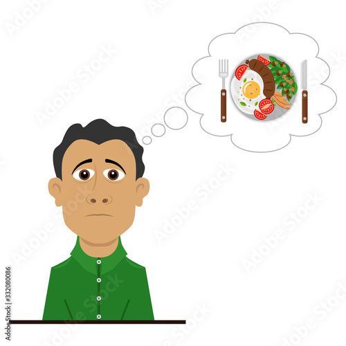 A person who dreams of food and a lunch break. Vector illustration on the topic of planning and ideas.