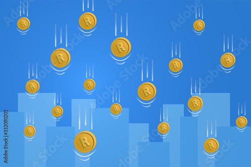 falling South Africa rand coins for financial crisis concept. city silhouette on background. Vector illustration.