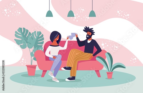 Hipster Man and Casual Woman Sitting on Sofa Drink Tea Cartoon. Cartoon People Characters Having Rest. Friends or Couple in Love Spend Time Together. Smiling Pair and Leisure. Vector Illustration