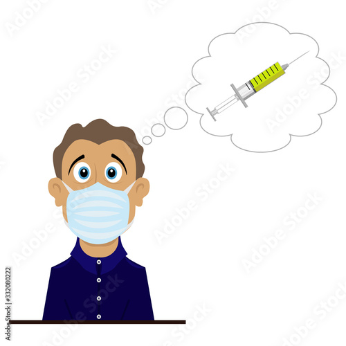 A man in a medical mask is afraid of a shot of vaccination. Vector illustration on the topic of medicine.