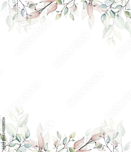 Watercolor painted floral frame on white background. Arrangement with branches and leaves.