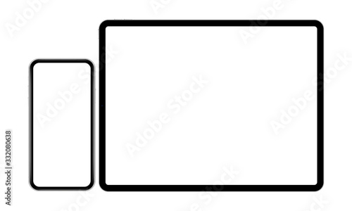 Mobile phone and tablet computer mockup isolated on white background. Modern electronic devices with blank screens. Vector illustration