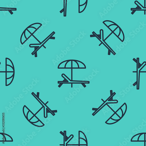 Black line Sunbed icon isolated seamless pattern on green background. Beach umbrella and Sun lounger.  Vector Illustration
