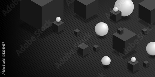 Black background 3D. Abstract wallpaper with realistic cubes and balls. Vector illustration with geometric forms. Black horizontal banner. Design for brochure, cover, booklet, business. Stock.