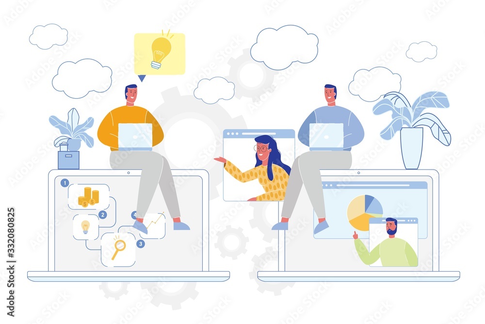 Business People Company Strategy Discussion, Brainstorming Teamwork at Office and Online. Men and Women Cartoon Characters Chatting and Working via Social Media Technology. Flat Vector Illustration.