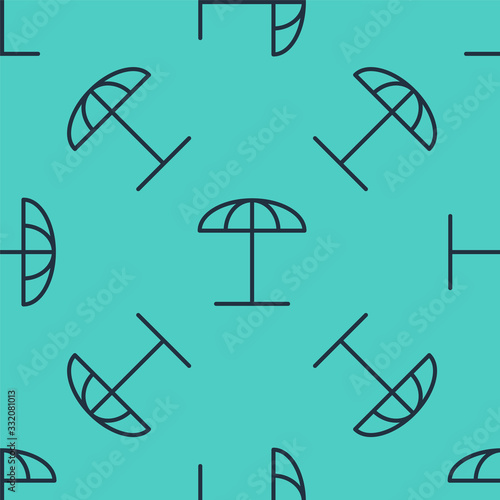 Black line Sun protective umbrella for beach icon isolated seamless pattern on green background. Large parasol for outdoor space. Beach umbrella.  Vector Illustration