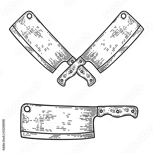 Illustration of butcher cleaver in engraving style. Design element for logo, label, sign, poster, t shirt. Vector illustration