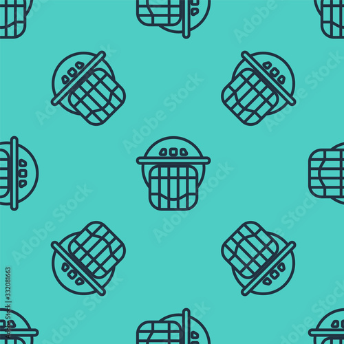 Photography Black line Hockey helmet icon isolated seamless pattern on green background