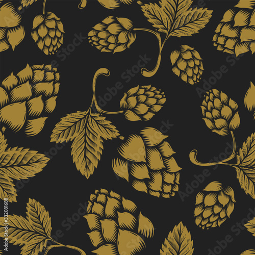 Seamless pattern with vintage illustrations of beer hop. Design element for poster, clothes decoration, card, banner. Vector illustration