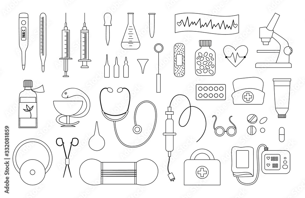 Vecteur Stock Set of vector flat medical line icons. Medicine or health  insurance, research outline collection. Healthcare and laboratory equipment  isolated on white background. Health check or treatment clip art. | Adobe