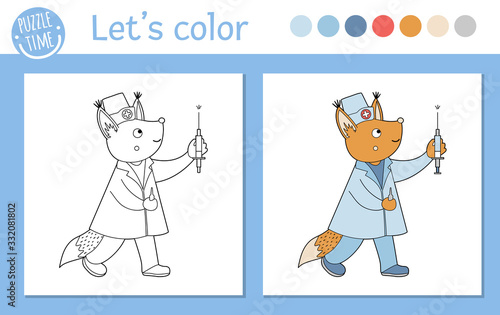 Medical coloring page for children. Vector outline animal doctor. Cute funny nurse squirrel with syringe. Hospital color book isolated on white background. .