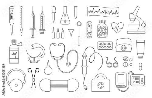 Set of vector flat medical line icons. Medicine or health insurance, research outline collection. Healthcare and laboratory equipment isolated on white background. Health check or treatment clip art.