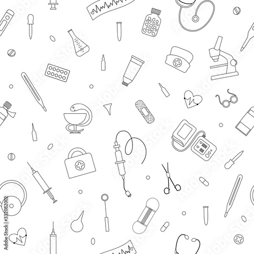Vector seamless pattern with flat medical line icons. Medicine or health insurance, research outline background. Healthcare and laboratory equipment digital paper. Health check or treatment texture.