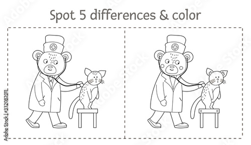 Medical find differences game and coloring page for children. Medicine preschool activity with doctor examining patients lungs. Puzzle with cute funny smiling characters..