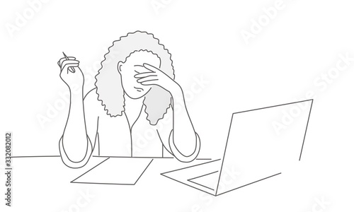 Tired or stressed woman at the table. Hand drawn vector illustration.