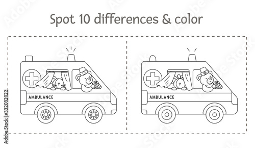 Medical find differences game and coloring page for children. Medicine preschool activity with ambulance car and cute characters. Puzzle with special emergency transport..