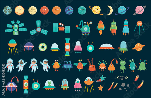 Big vector set of space elements for children. Collection of flat style spaceship, satellite, spacecraft, planets, astronauts, star, ufo, aliens, comet isolated on white background..
