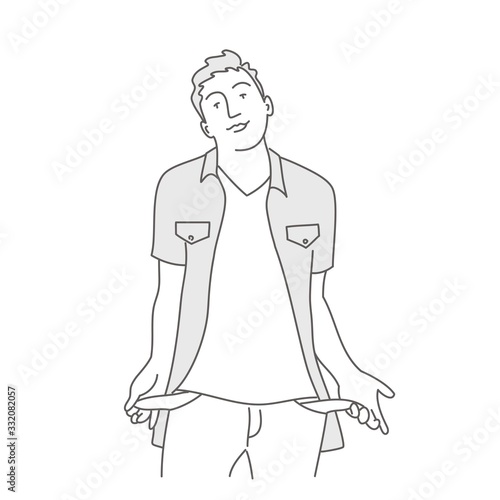 Line drawing vector illustration of businessman without money. Bankrupt concept.
