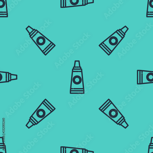 Black line Tube with paint palette icon isolated seamless pattern on green background. Vector Illustration