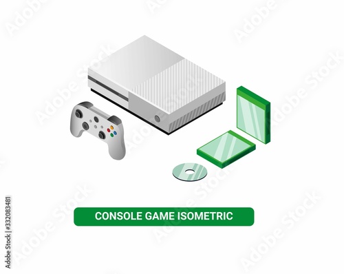 Game console device in white color with green cd case in isometric editable vector isolated in white background