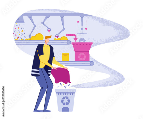 Man Throwing Trash into Bin on Recycling Plant Background Vector Illustration. Factory for Waste Disposal Flat. Machine or Conveyor with Grippers Carrying Garbage in Landfill. Sorting Rubbish.
