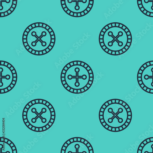 Black line Casino roulette wheel icon isolated seamless pattern on green background. Vector Illustration