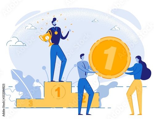 Man with Gold Trophy Cup on Pedestal. Manager Celebrating Victory. Businessman Receiving Reward in Competition. Team Greeting Leader with Win Holding Huge Medal for First Place. Vector Illustration