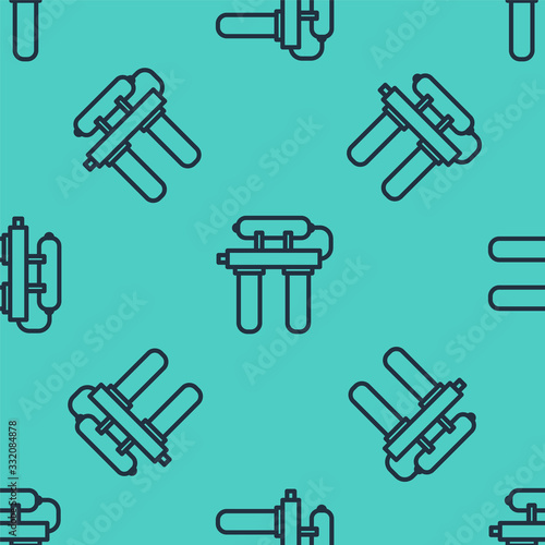 Black line Water filter icon isolated seamless pattern on green background. System for filtration of water. Reverse osmosis system. Vector Illustration