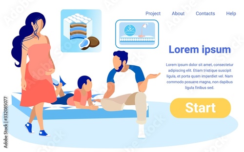 Page Design Template for Online Store. Copy Space for Your Text. Family of Three, Where Mom is Pregnant Again, Discussing Buying New Coir Fiber Filling Mattress with Water Repellent Properties.
