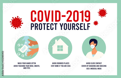 CoVID-19 Virus outbreak spread. Novel coronavirus 2019-nCoV Infographic about protecting yourself from coronavirus, precautions during the epidemic and quarantine. Medical recommendation poster