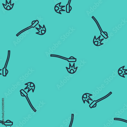 Black line Heroin in a spoon icon isolated seamless pattern on green background. Concept of drug addiction and dependence from the narcotic. Junkie lifestyle. Vector Illustration