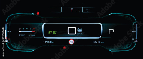 Illustration of illuminated car dashboard panel with speedometer, tachometer, odometer, fuel gauge, car temperature gauge and brake system icon. Full digital LCD instrument cluster in modern vehicle.