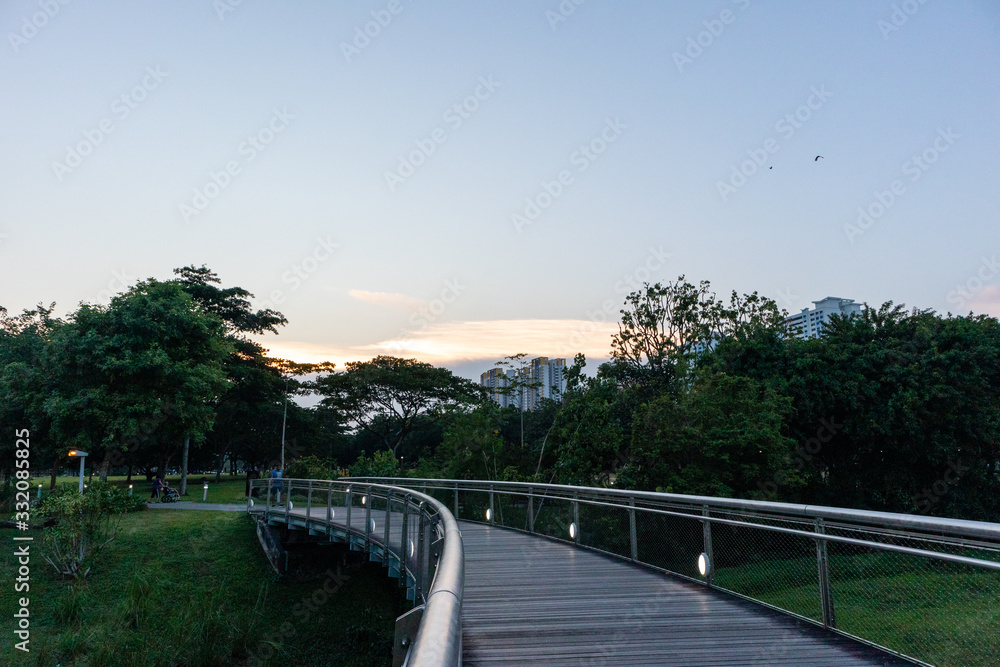 a curved footbridge across a small pond in the park