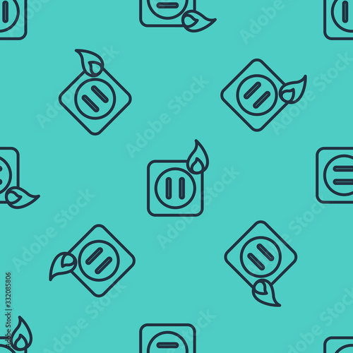 Black line Electric wiring of socket in fire icon isolated seamless pattern on green background. Electrical safety concept. Plug outlet on fire. Vector Illustration