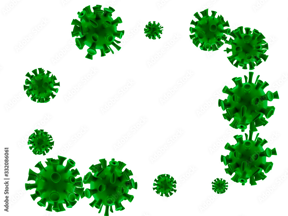 Coronavirus disease. 3D render COVID-19 infection medical background. Dangerous asian ncov corona virus, SARS pandemic risk concept. Microscopic view of green floating influenza virus cells