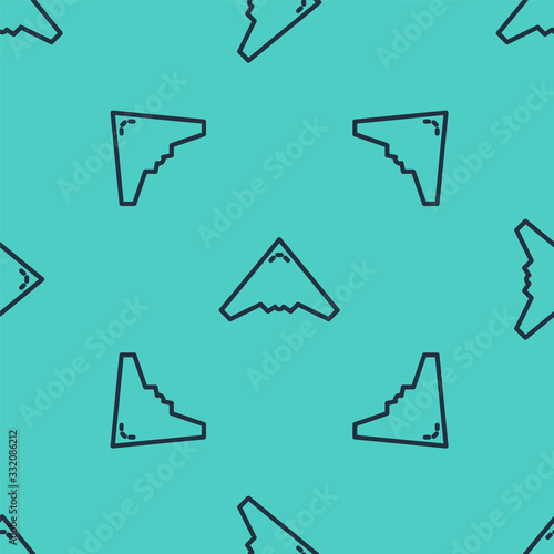 Black line Jet fighter icon isolated seamless pattern on green background. Military aircraft. Vector Illustration