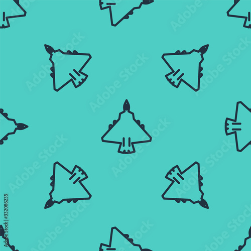 Black line Jet fighter icon isolated seamless pattern on green background. Military aircraft. Vector Illustration